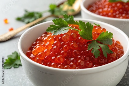 Obraz na płótnie Red Caviar Garnished With Parsley in a White Bowl Generative AI w salonie