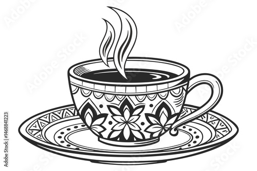 126 beautiful steaming cup of coffee, ornate patterned cup and saucer, intricate floral design elements, high detail, monochrome, digital illustration