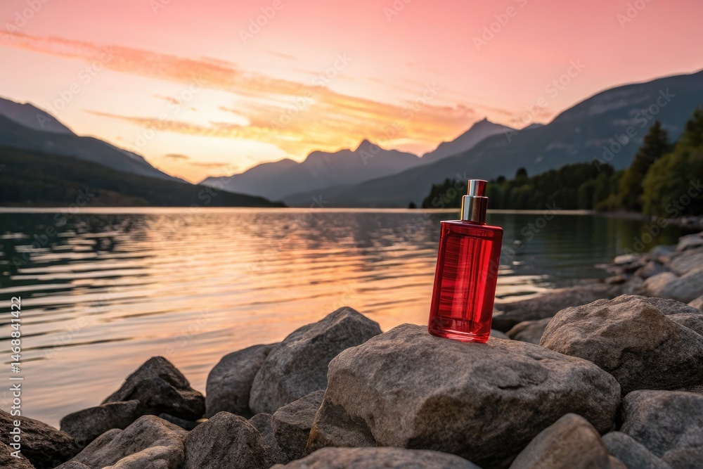 Red Perfume Bottle Rests on Rocks by Serene Mountain Lake Generative AI