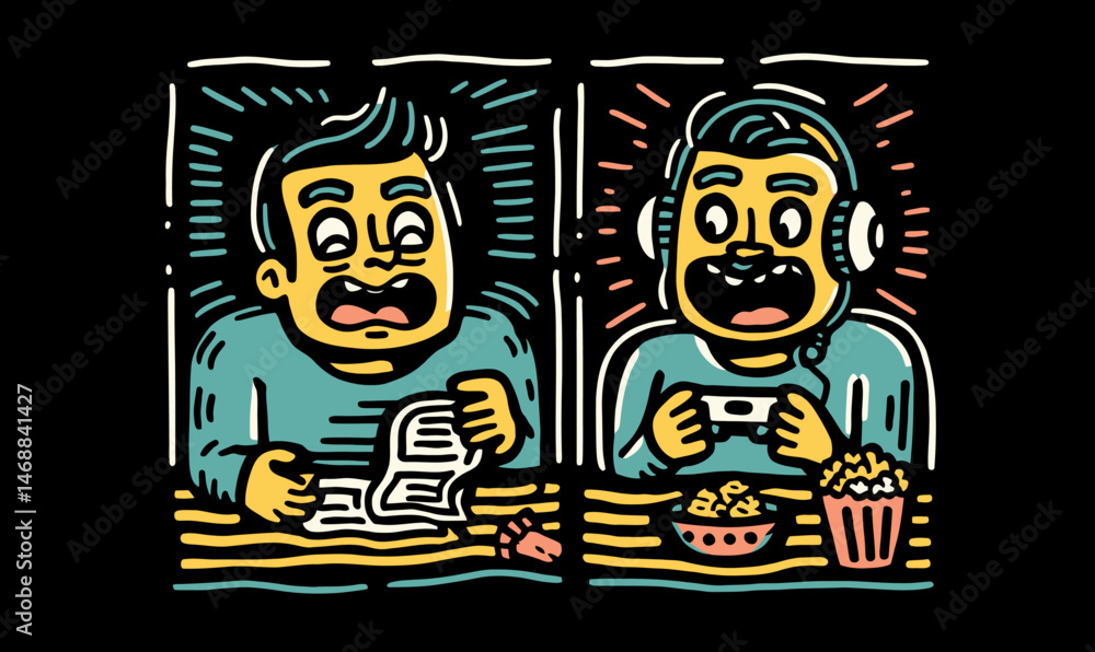 Obraz premium Unique Hand-Drawn Doodle of a Person Enjoying Two Different Activities