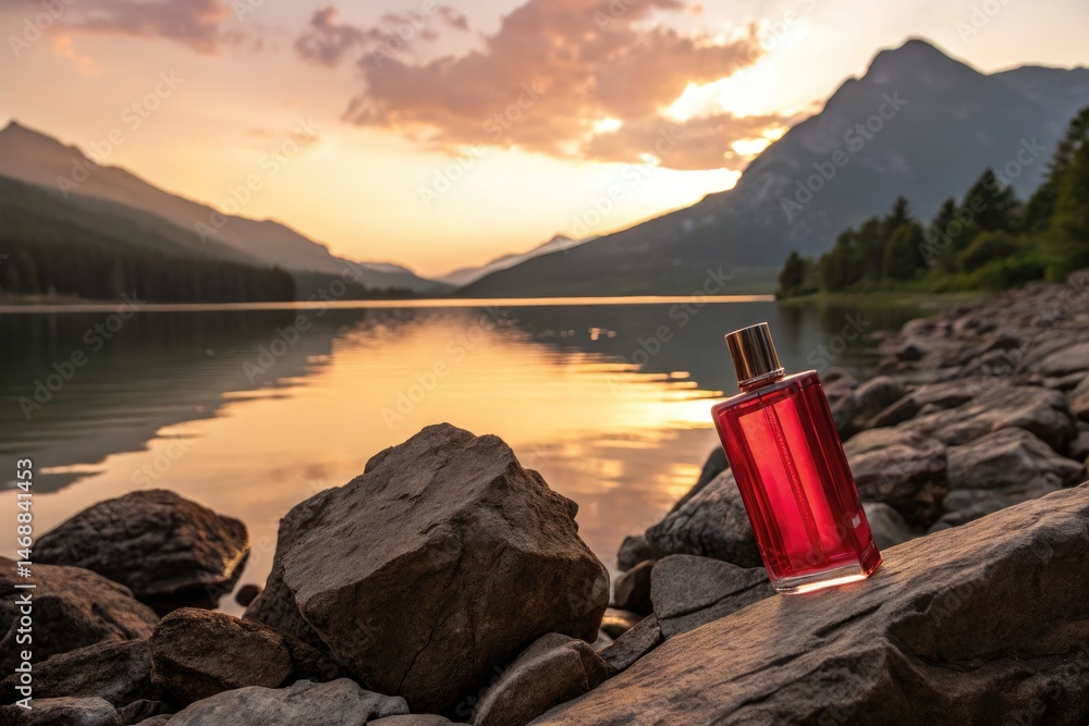 Red Perfume Bottle on Rocks by Mountain Lake at Sunset Generative AI