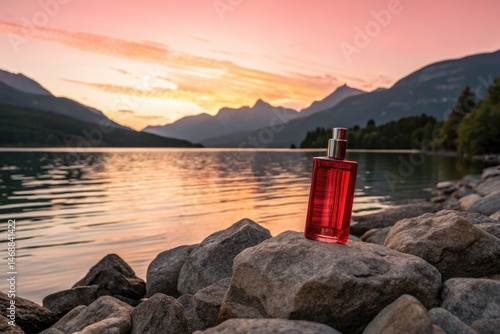 Red Perfume Bottle Rests on Rocks by Serene Mountain Lake Generative AI