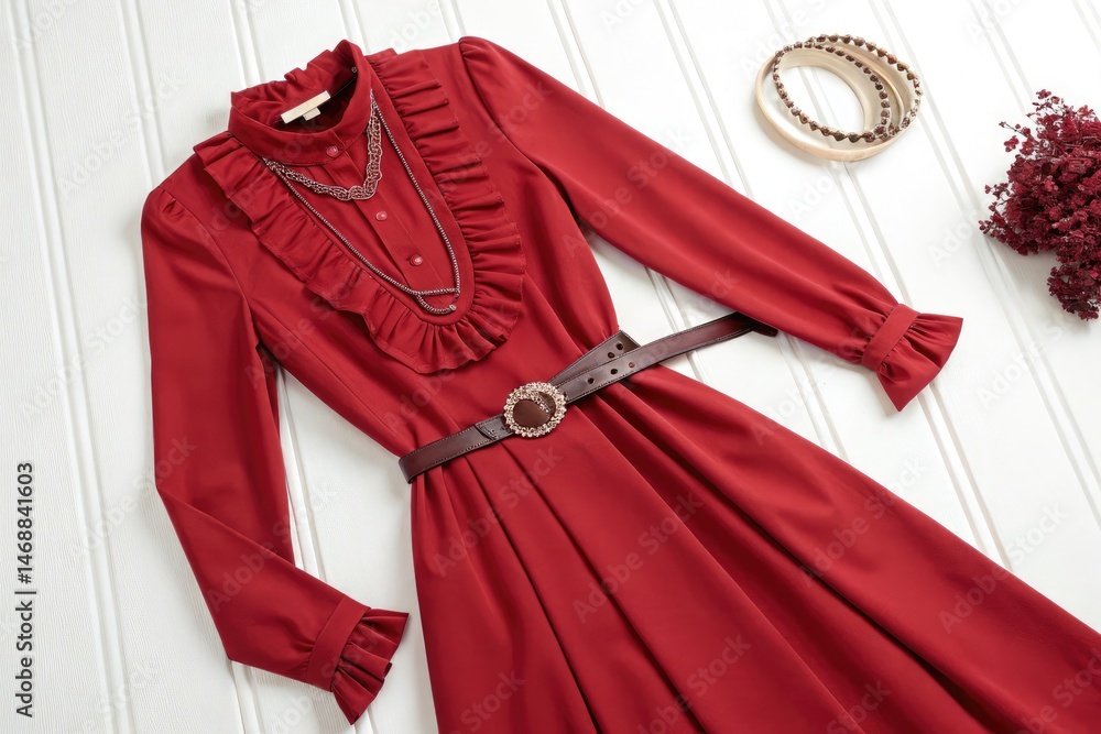 Elegant Red Tassel Dress With Ruffled Neckline and Belt Displayed Generative AI