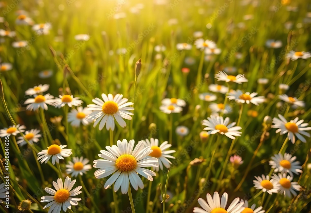 Fototapeta premium Sunlit meadow, chamomile and daisy blooms, spring/summer vibrancy, bloom, bright