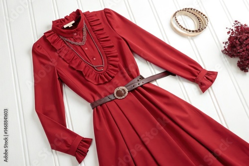Obraz na płótnie Elegant Red Tassel Dress With Ruffled Neckline and Belt Displayed Generative AI w salonie