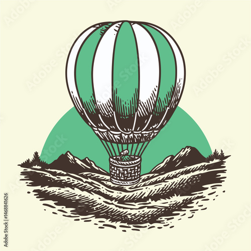 Vintage Hand-Drawn Illustration of Hot Air Balloon Over Mountains