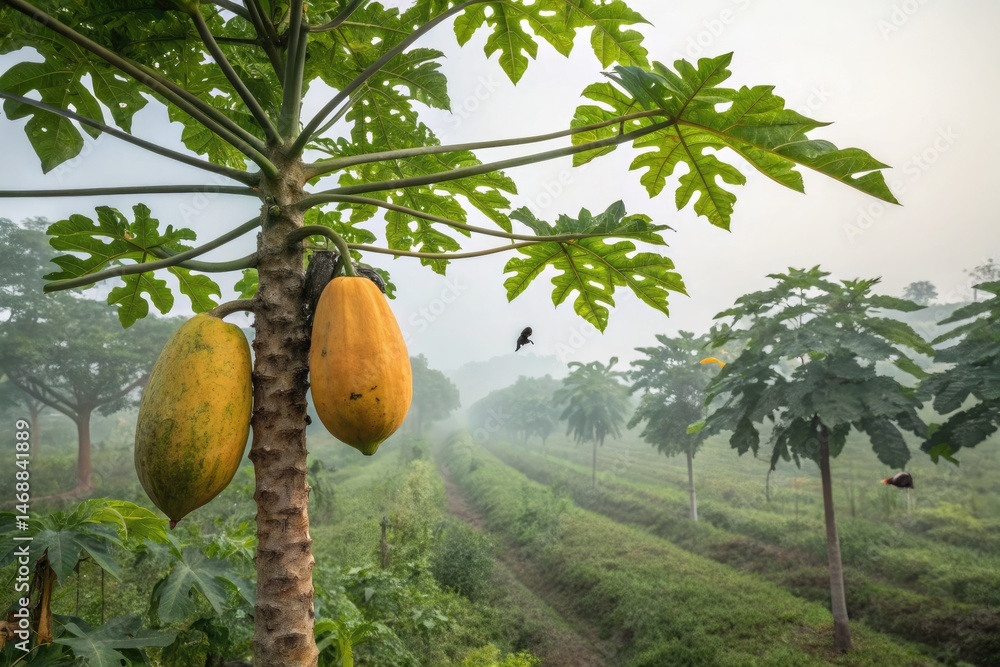 Ripe Papaya Fruit Growing on a Tropical Tree at Sunrise Generative AI