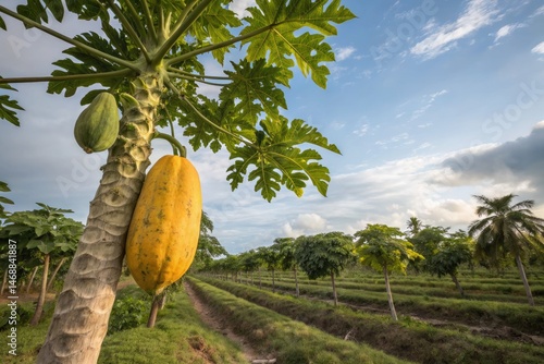 Obraz na płótnie Ripe Papaya Fruit Growing on a Tree in Tropical Landscape Generative AI w salonie