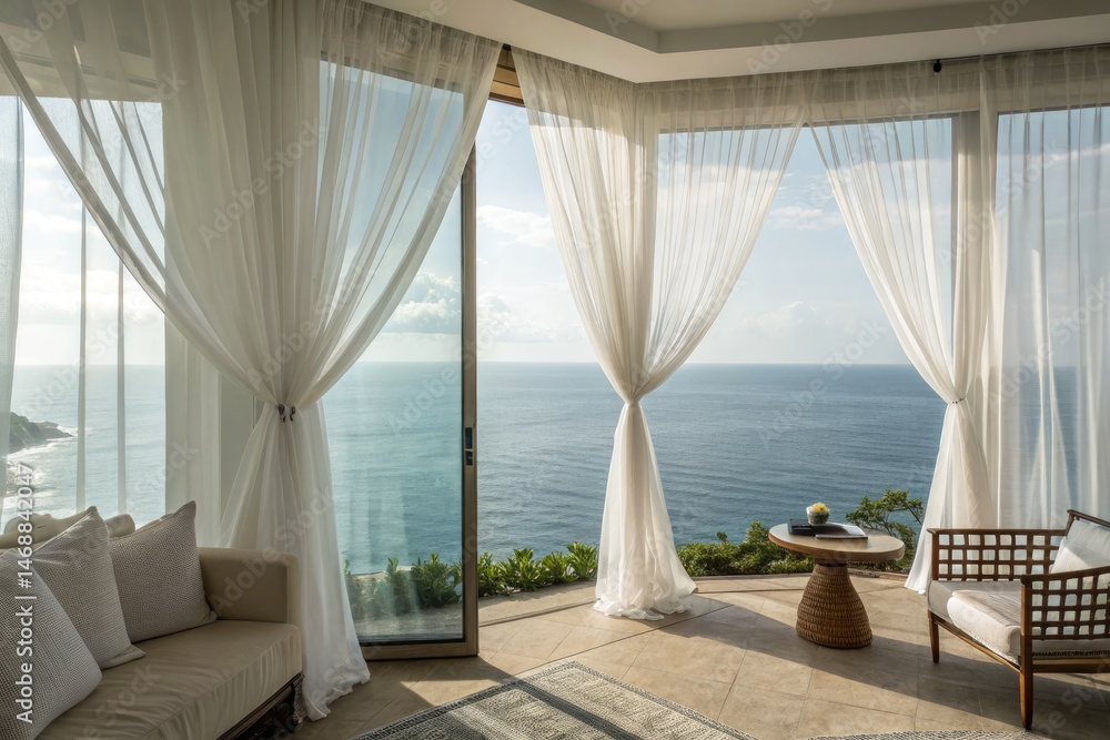 Cozy Room With Serene Panoramic Ocean View and Sheer Curtains Generative AI