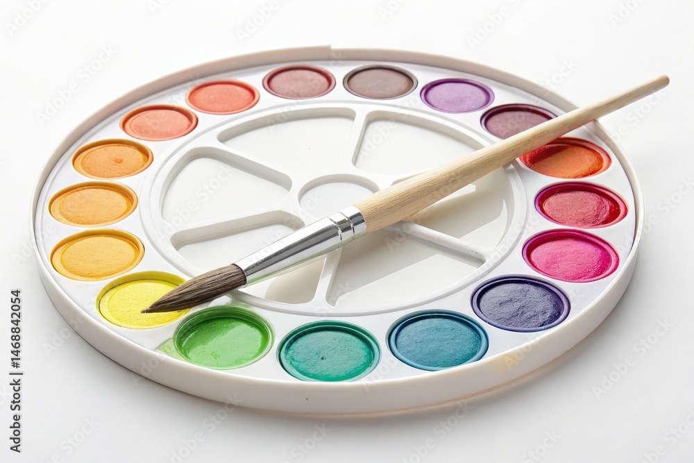 Watercolor Palette With Brush on a Clean White Surface Generative AI