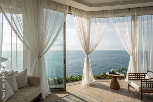 Obraz na płótnie Cozy Room With Serene Panoramic Ocean View and Sheer Curtains Generative AI w salonie