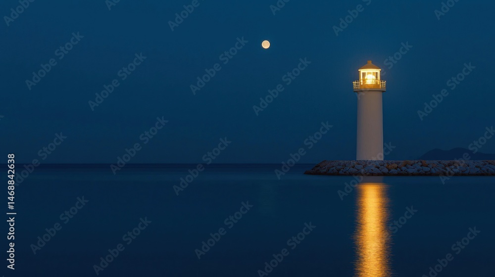 Fototapeta premium A bright lighthouse shining its light on the calm evening water
