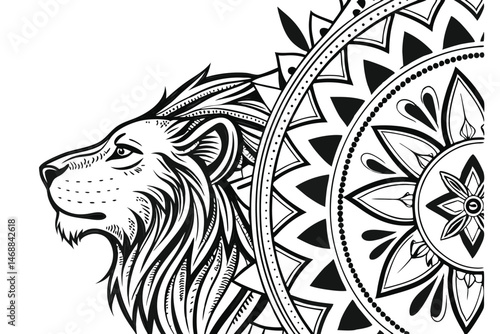 127 a highly detailed, intricate, ornate, mandala-style, black and white illustration of a majestic, regal lion head surrounded by an ornate, symmetrical, geometric pattern of floral and leaf-like ele