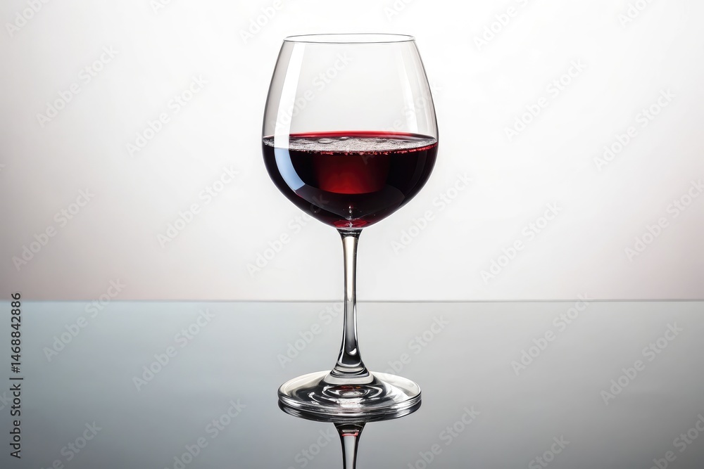 Elegant Red Wine Glass on Reflective Surface, White Background