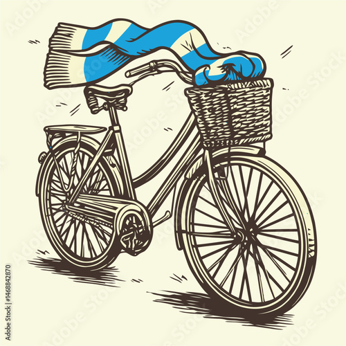 Hand Drawn Bicycle Illustration with Scarf in a Vintage Style