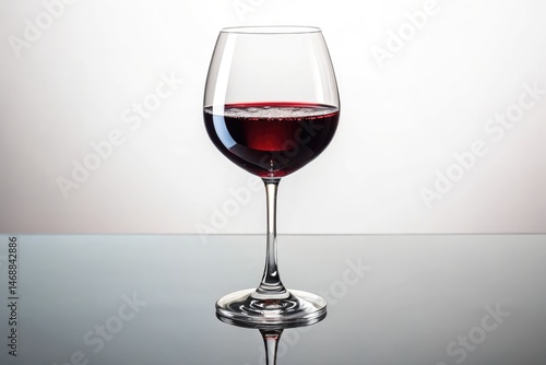 Obraz na płótnie Elegant Red Wine Glass on Reflective Surface, White Background w salonie