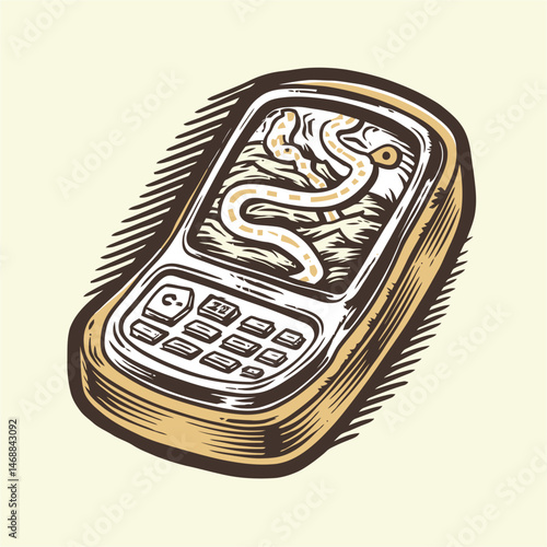 Classic Retro Mobile Phone with Snake Game Hand Drawn Illustration