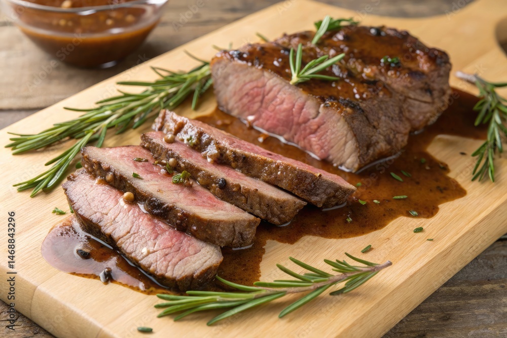 Sliced Rump Steak Garnished With Rosemary and Gravy Generative AI