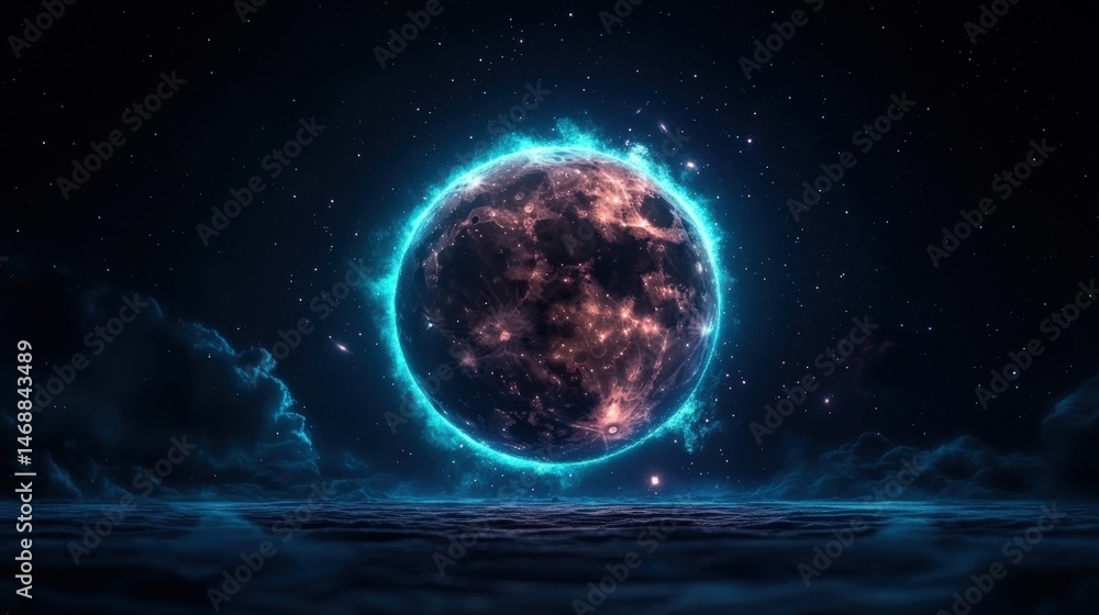 Obraz premium Stunning digital art of a glowing celestial moon with detailed surface features and vibrant blue halo illuminating a dark night sky with stars and clouds