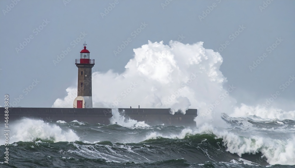 Lighthouse Bathed in Grey Light Amidst Powerful Ocean Waves Lighthouse Bathed in Grey Light Amidst Powerful Ocean Waves
