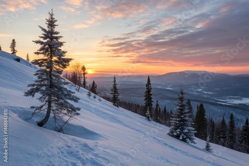Wallpaper Mural Snowy Hillside Sunset Near Kirovsk Showcases Winter Beauty Generative AI Torontodigital.ca