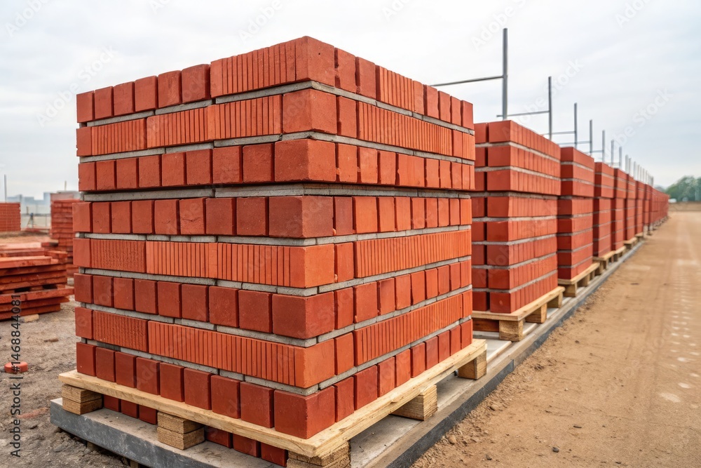 Stacked Red Bricks Ready for Construction Project at Site Generative AI