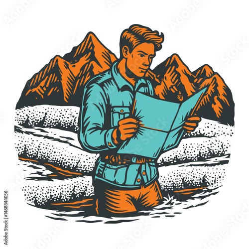Adventurous Explorer Examining Map in Serene Mountain Landscape