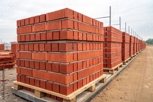 Obraz na płótnie Stacked Red Bricks Ready for Construction Project at Site Generative AI w salonie