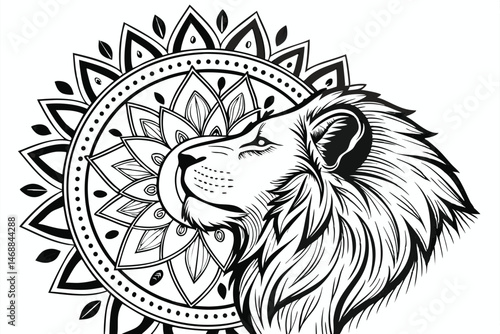127 a highly detailed, intricate, ornate, mandala-style, black and white illustration of a majestic, regal lion head surrounded by an ornate, symmetrical, geometric pattern of floral and leaf-like ele