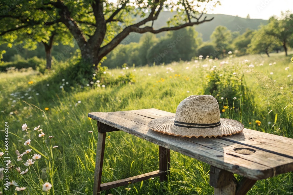 Straw Hat Resting on a Wooden Table in a Sunny Meadow Generative AI