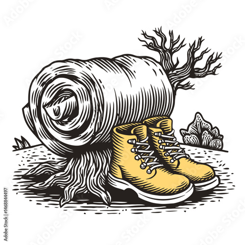 Hand Drawn Illustration of Camping Boots and Rolled Sleeping Bag