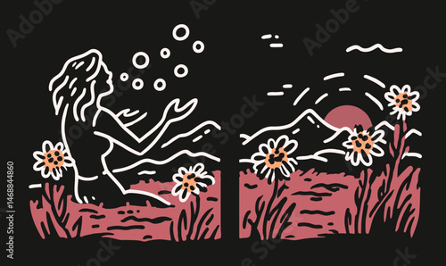 Hand-drawn Doodle of Nature Scene with Woman and Flowers in Relaxation