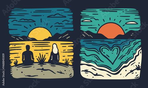 Hand-drawn Doodle of Sunset Scenes with Silhouettes and Heart Design