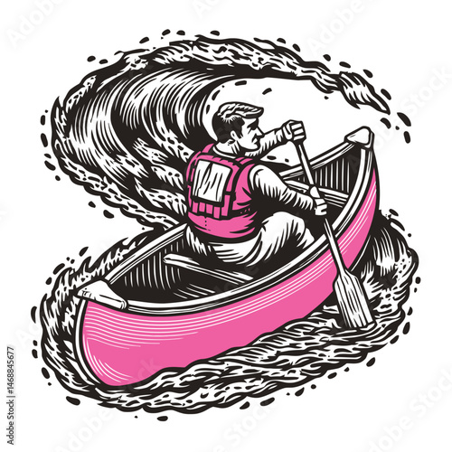 Hand-Drawn Illustration of a Canoeist Rowing Through Waves