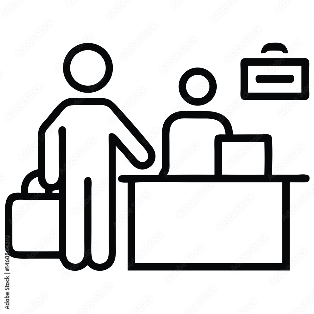 Airport Check-in Counter Icon with Agent and Passenger for Travel Apps, Airline Websites and Flight Information Systems - Essential for Digital Travel Guides and Airport Navigation Airport Check-in Counter Icon with Agent and Passenger for Travel Apps, Airline Websites and Flight Information Systems - Essential for Digital Travel Guides and Airport Navigation