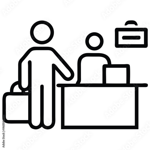Airport Check-in Counter Icon with Agent and Passenger for Travel Apps, Airline Websites and Flight Information Systems - Essential for Digital Travel Guides and Airport Navigation
