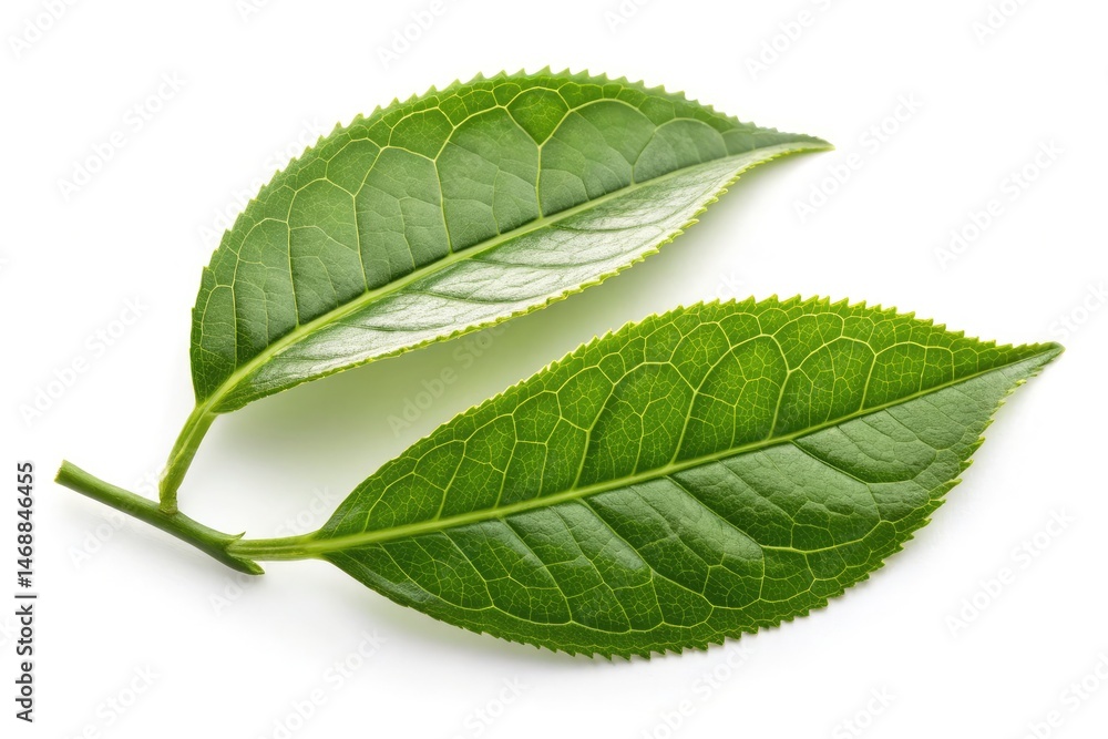 Fototapeta premium Green Tea Leaves Isolated on White Background in Detail Generative AI
