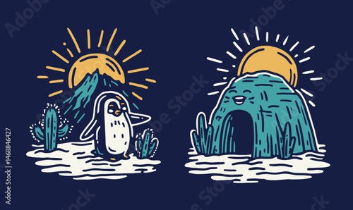 Hand-drawn Doodle of Penguin and Hut with Sun and Mountain Elements