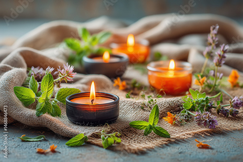 柔らかな灯りとハーブが織りなす、癒しのアロマキャンドルが香るリラックス空間のイメージ	