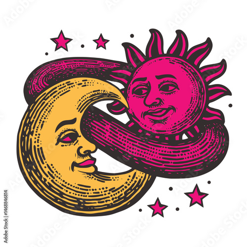 Vibrant Hand-Drawn Illustration of Sun and Moon Embracing Together