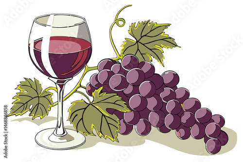 129 a detailed realistic digital painting of a glass of red wine and a bunch of dark purple grapes with green leaves, high quality, intricate details, vibrant colors, photorealistic, cinematic lightin