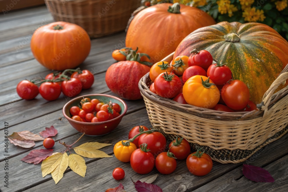 Vibrant Fall Harvest Still Life With Various Fresh Tomatoes Generative AI