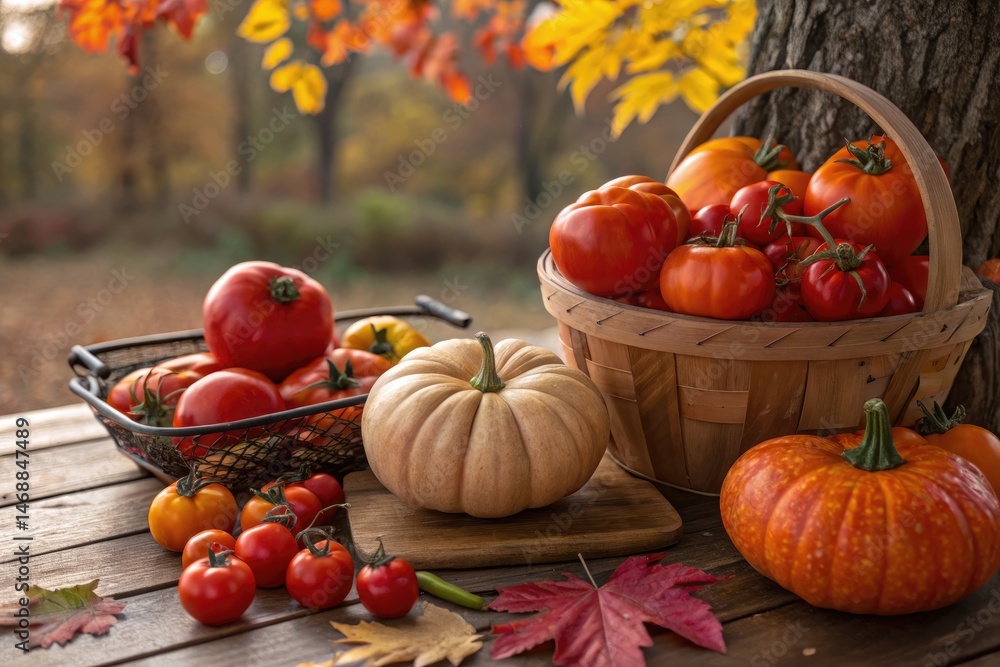 Vibrant Fall Harvest Still Life With Fresh Tomatoes and Pumpkins Generative AI