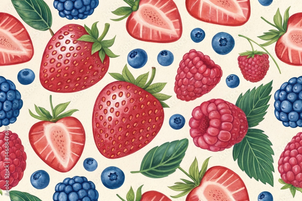 Vibrant Strawberry, Blueberry, and Raspberry Pattern Design Generative AI