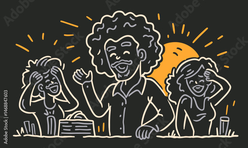 Vibrant Doodle of a Happy Group with Afro Hair and Bright Background