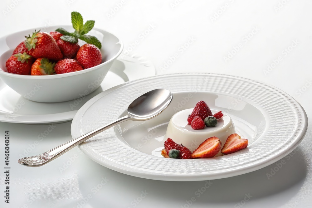 Delicious Dessert With Strawberries and Cream on White Table Generative AI