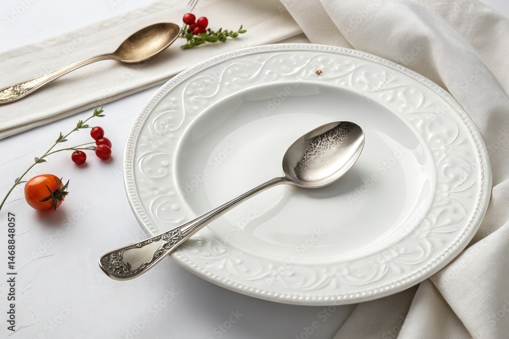 Elegant Silver Spoon Resting on a White Plate With Garnish Generative AI