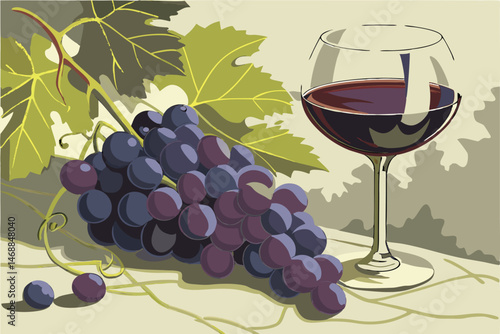 129 a detailed realistic digital painting of a glass of red wine and a bunch of dark purple grapes with green leaves, high quality, intricate details, vibrant colors, photorealistic, cinematic lightin