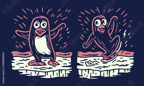 Playful Penguin Doodle Drawing on Dark Background for T-Shirt Design