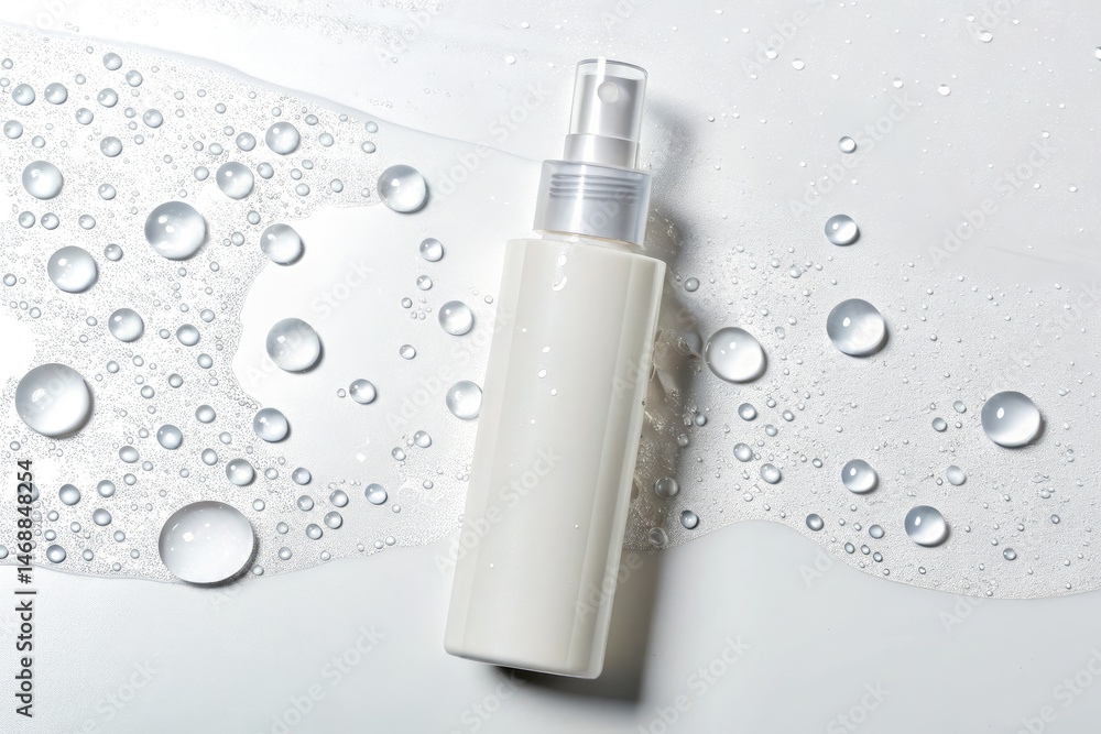 White Spray Bottle With Liquid on Clean Surface With Droplets Generative AI
